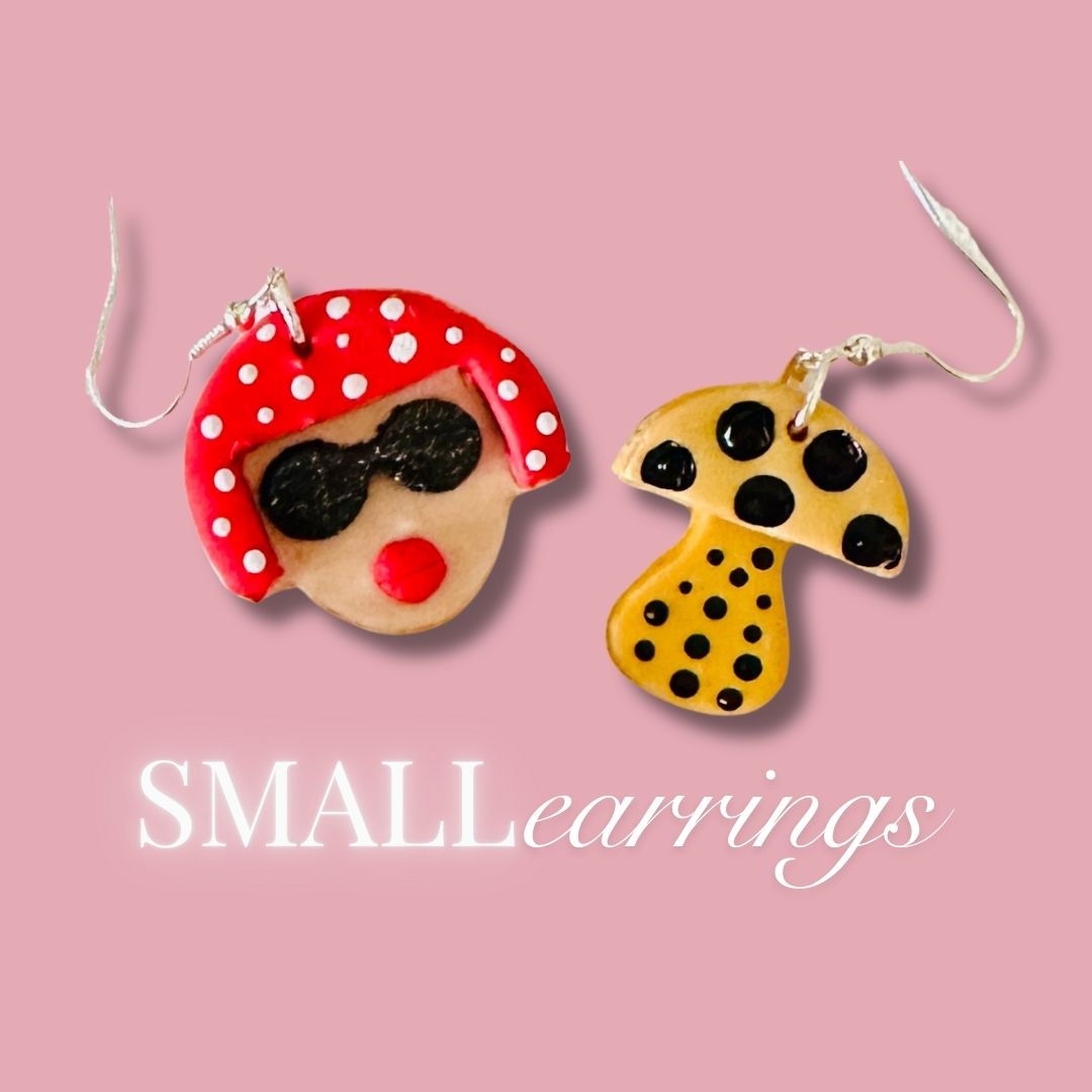 Two unique earrings on a pink background with 'SMALL earrings' text to show the specific size.