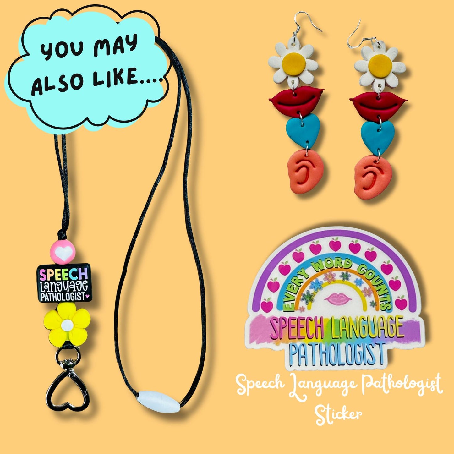 Colorful speech language pathologist-themed accessories on a orange background.