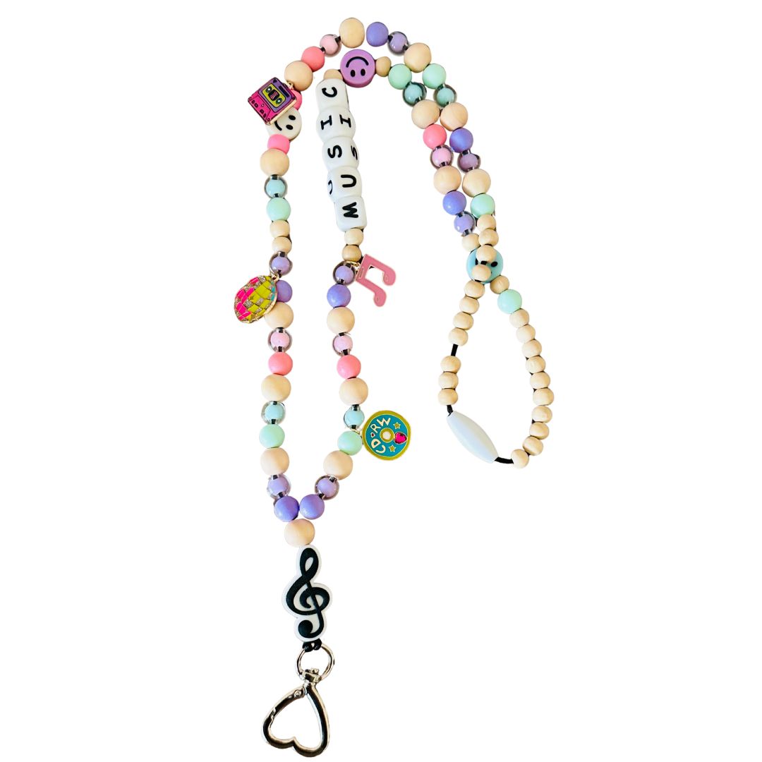 Colorful beaded lanyard with music-themed charms on a white background