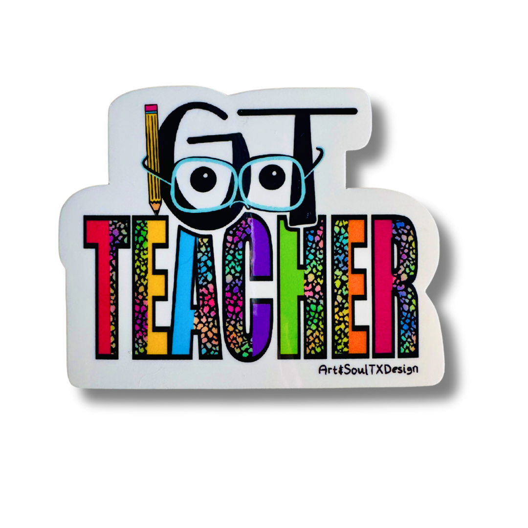 GT Gifted and Talented Teacher waterproof vinyl sticker with glasses and colorful leopard print text.