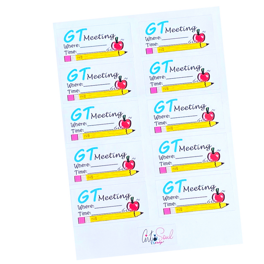 A sheet of GT Meeting reminder stickers with the word 'GT MEETING' written at the top, followed by spaces for 'Time' and 'Location'. Beneath each word are illustrations of a pencil and an apple.