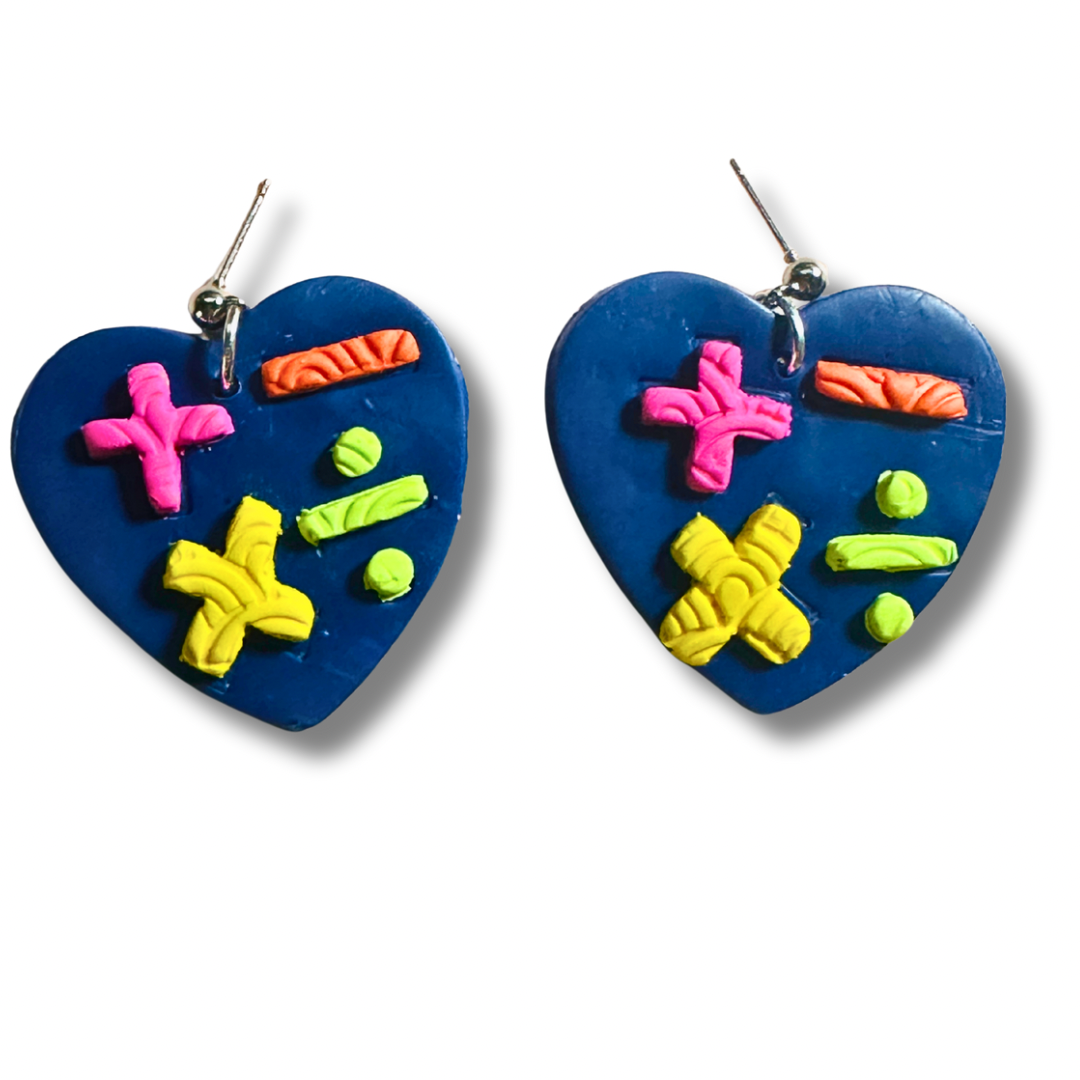 Blue heart polymer clay math teacher earrings with colorful math symbols on white background