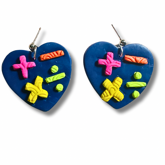 Blue heart polymer clay math teacher earrings with colorful math symbols on white background