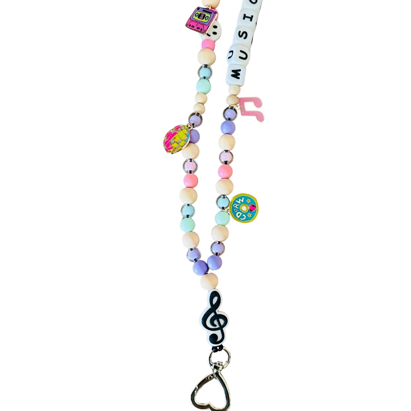 Colorful beaded lanyard with music-themed charms on a white background