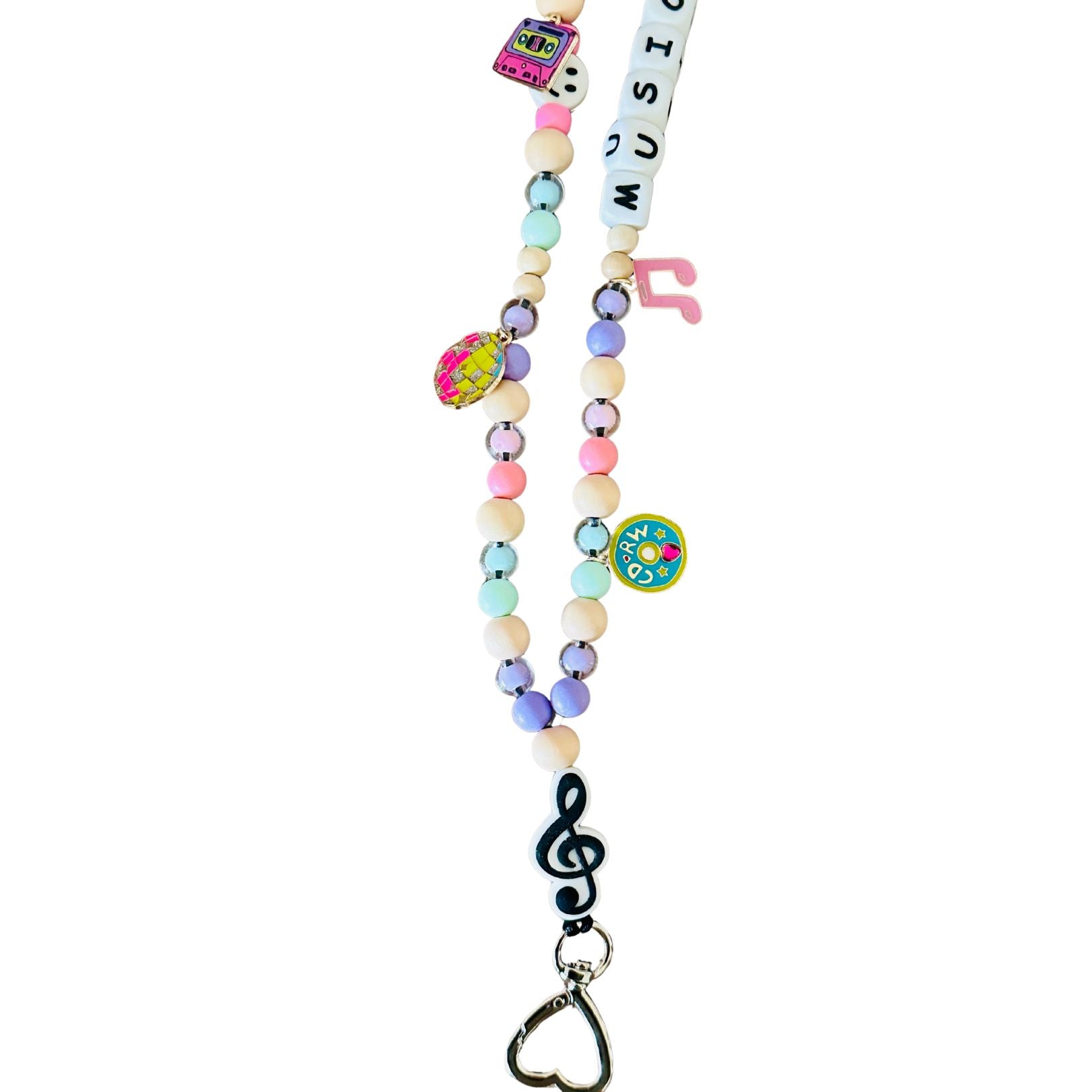 Colorful beaded lanyard with music-themed charms on a white background