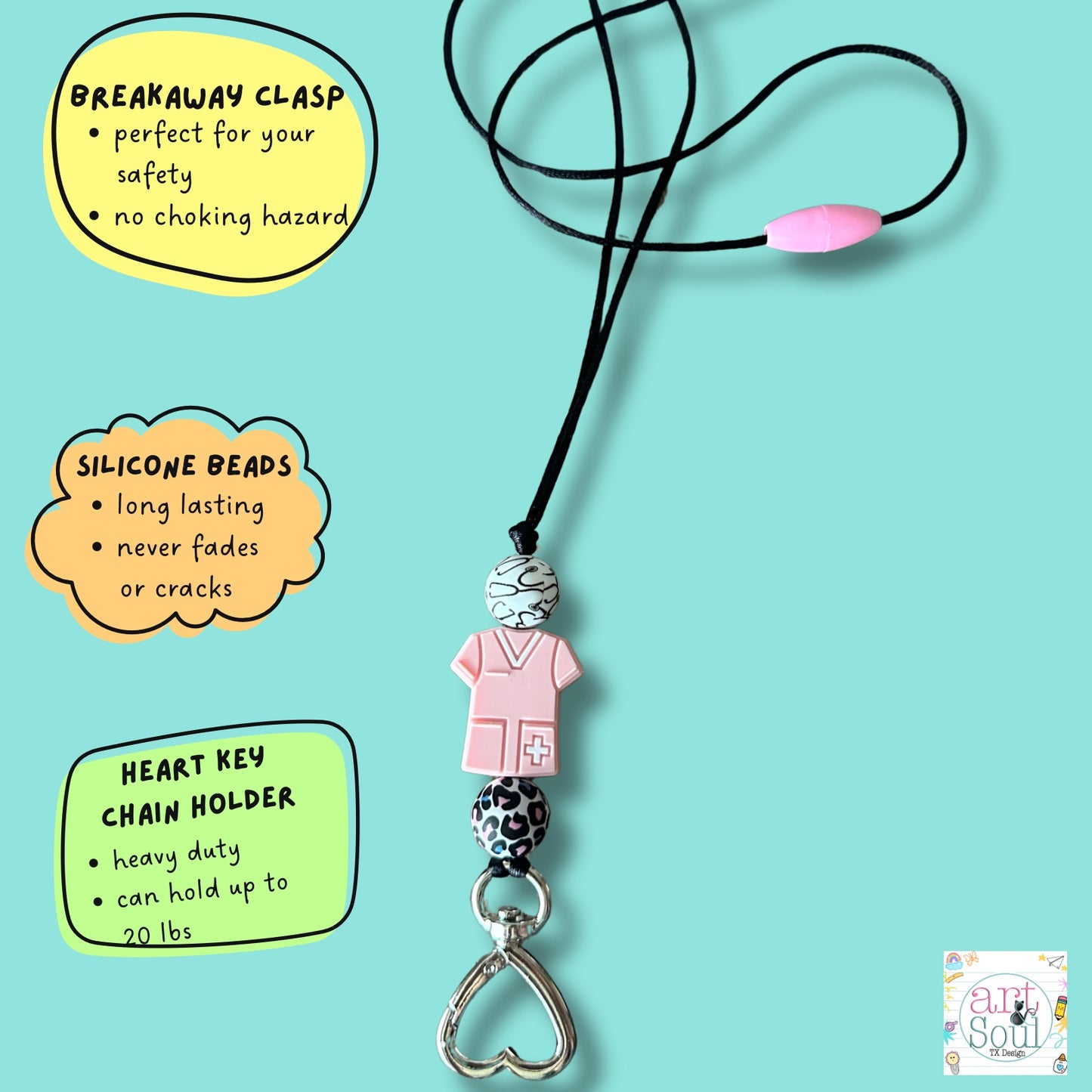 Nurse lanyard infographic: safety breakaway clasp, long-lasting silicone beads, heavy-duty heart keychain holds up to 20 lbs