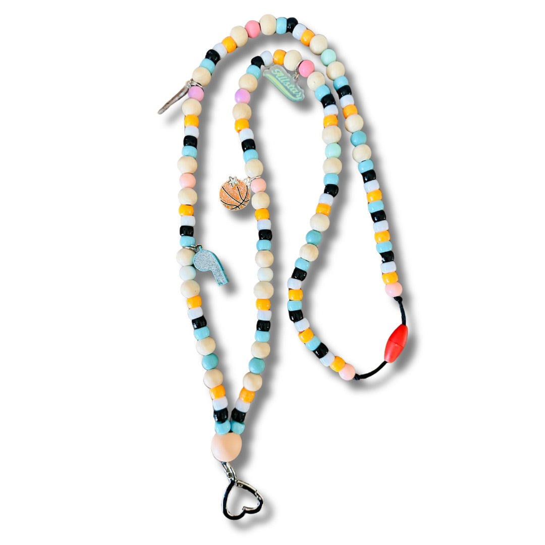 P.E. teacher beaded lanyard whistle basketball all star charms teal orange wood beads white background