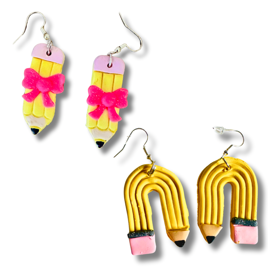 Straight and curved polymer clay pencil earrings on white background – handmade teacher gift by Art & Soul TX Design