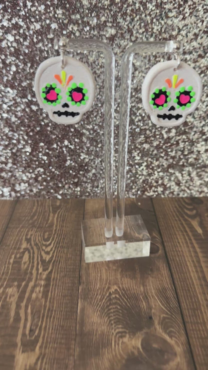 Neon Sugar Skull Polymer Clay Earrings