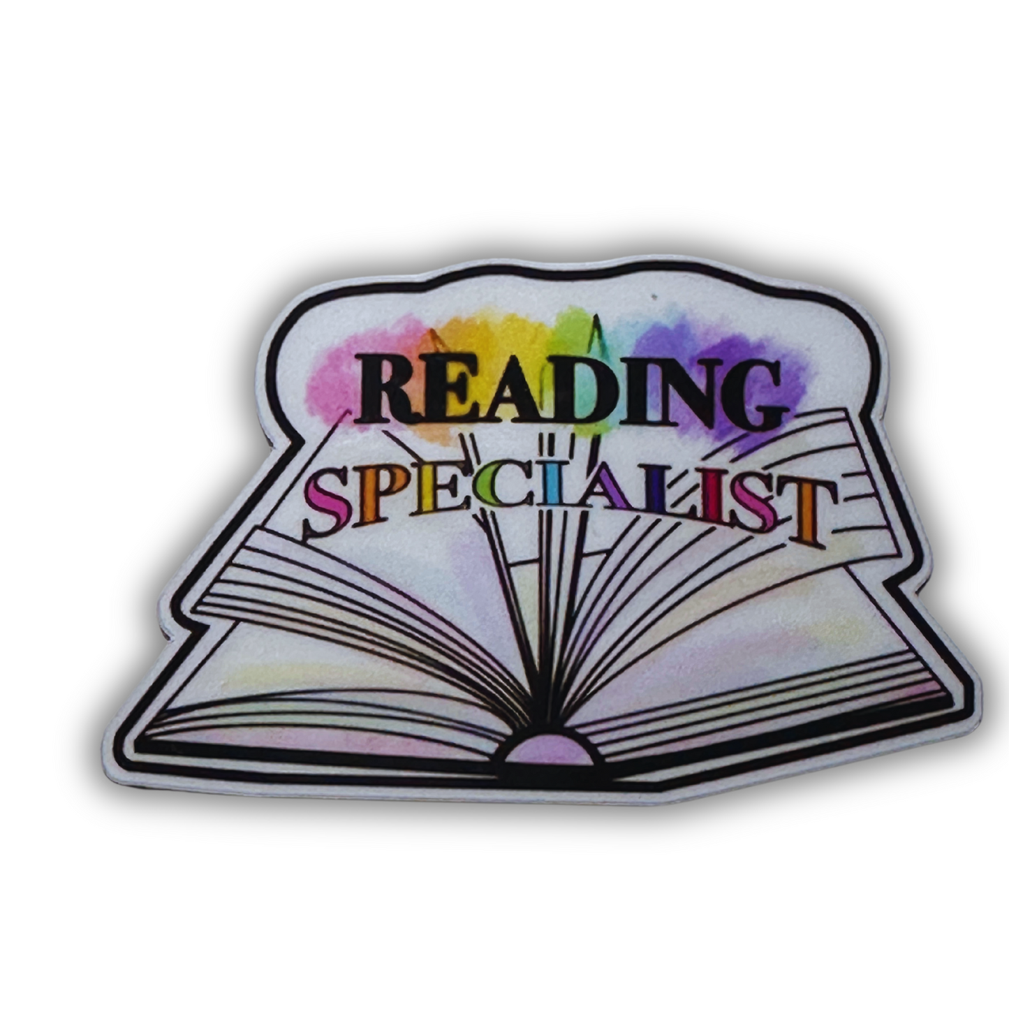Reading Specialist waterproof vinyl sticker with open book and rainbow lettering on white background