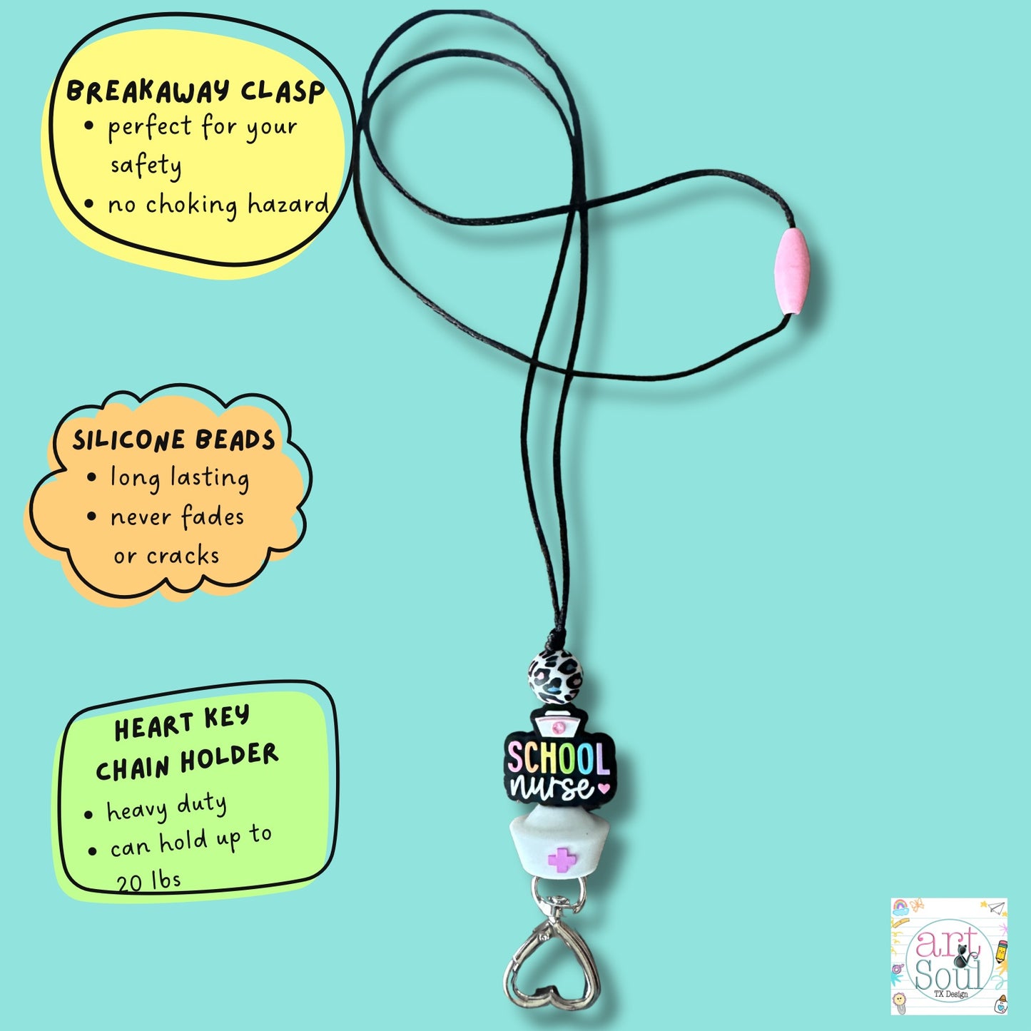 School Nurse Lanyard with callouts: breakaway clasp, long-lasting silicone beads, and heavy-duty heart keychain holder.