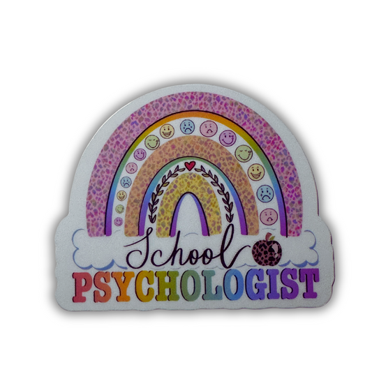 School Psychologist waterproof vinyl sticker with pastel rainbow, happy face emojis, and clouds design.