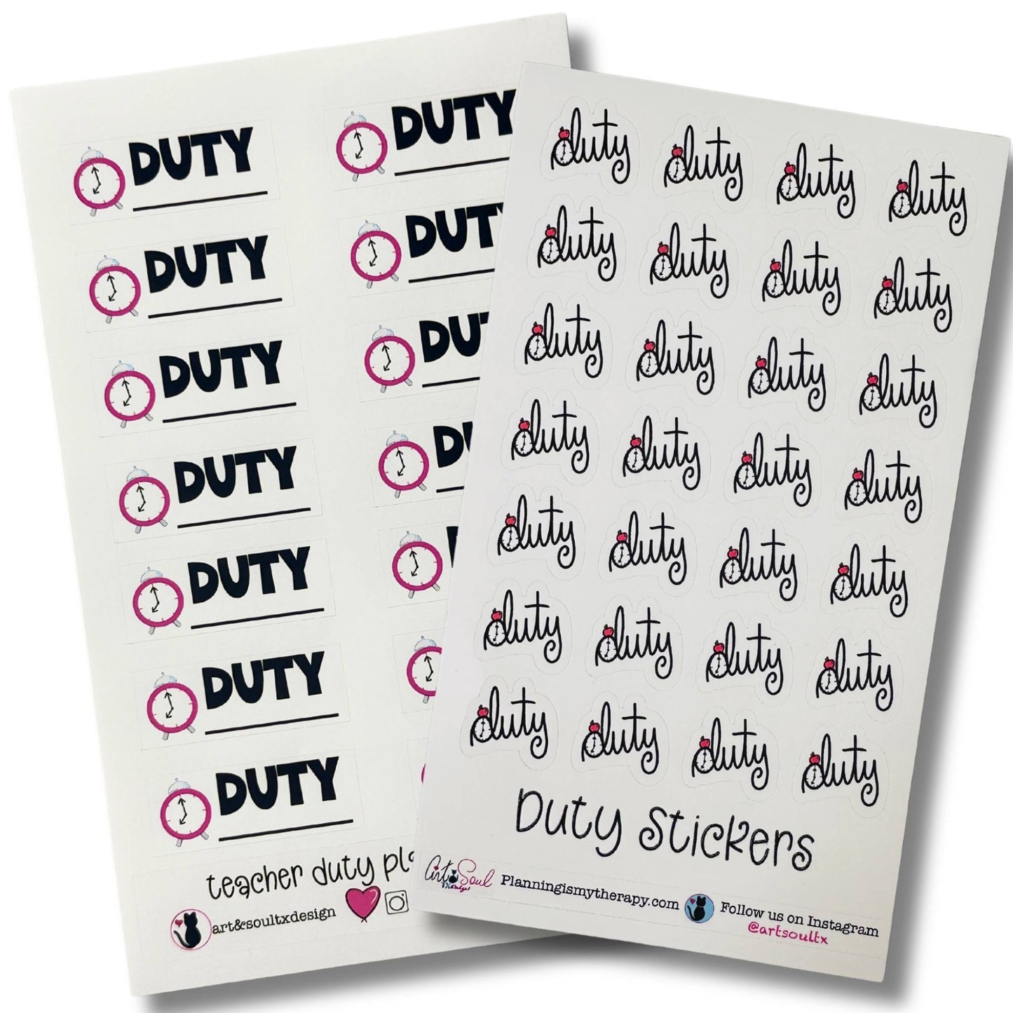 Both Teacher Duty Reminder Sticker sheets flat on white — BOLD DUTY and Cute w/ Apple styles