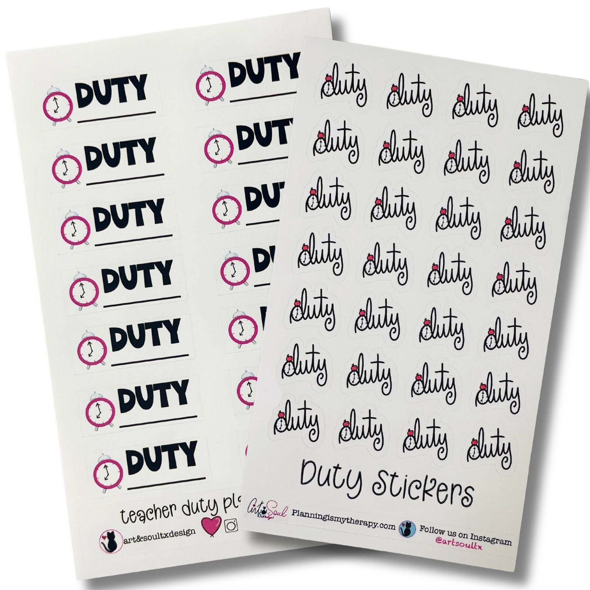 Both Teacher Duty Reminder Sticker sheets flat on white — BOLD DUTY and Cute w/ Apple styles