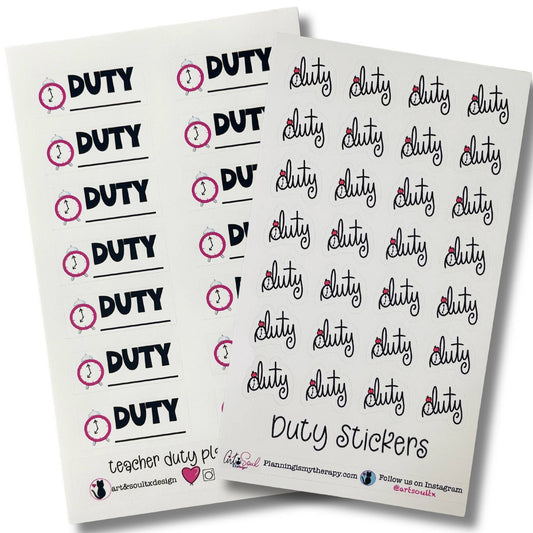 Both Teacher Duty Reminder Sticker sheets flat on white — BOLD DUTY and Cute w/ Apple styles
