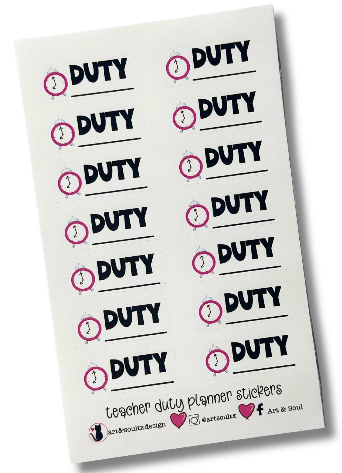 Full sheet of BOLD DUTY teacher planner stickers with bold font and red clock design