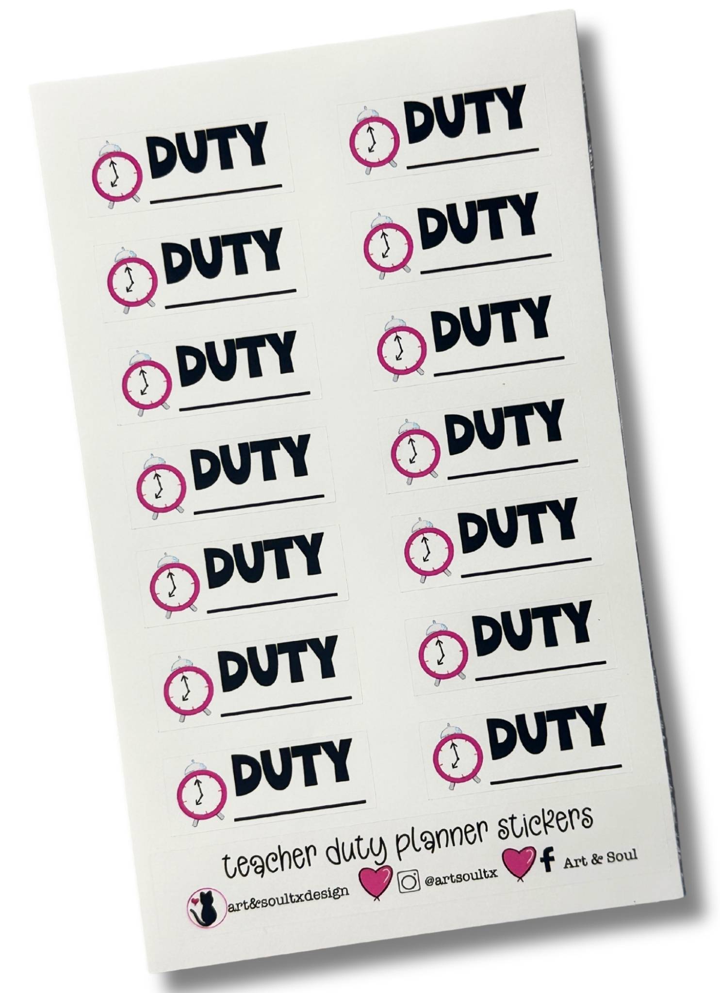 Full sheet of BOLD DUTY teacher planner stickers with bold font and red clock design