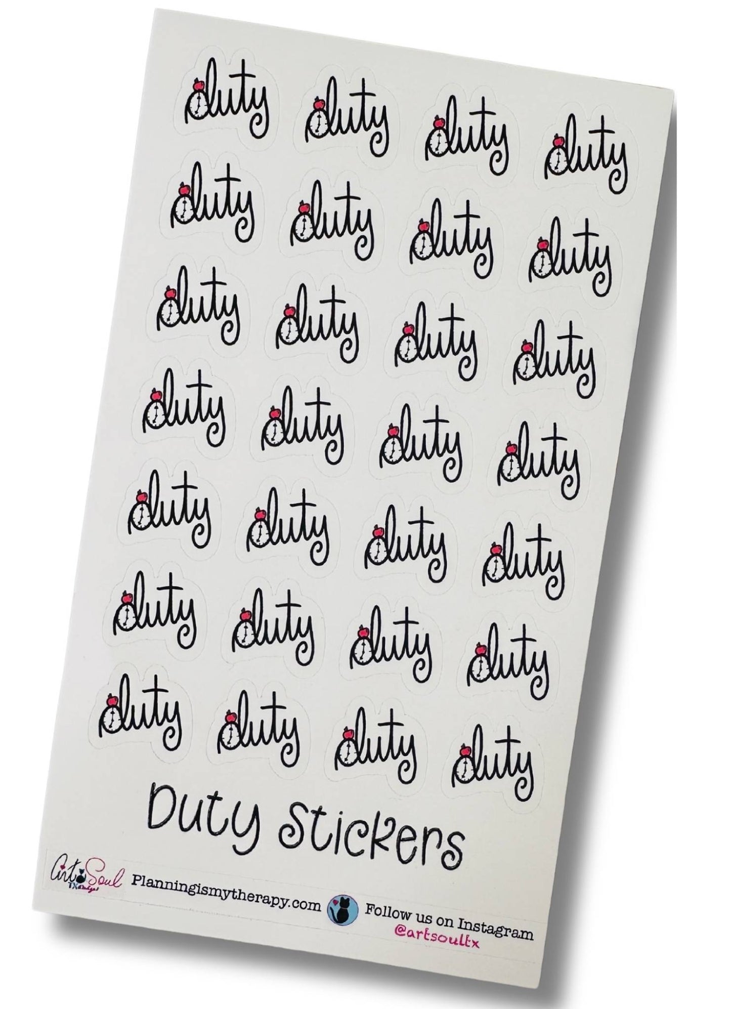 Full sheet of Cute with Apple teacher duty stickers with lowercase font, clock in d, and apple detail