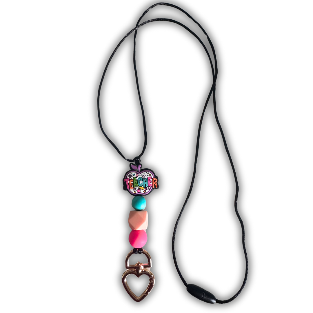 Full view of 19-inch Teacher Apple Lanyard with apple silicone focal bead on white background