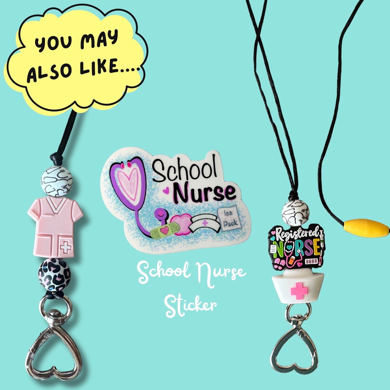 Related products: nurse scrubs lanyard, school nurse stickers, and registered nurse lanyard on blue background.