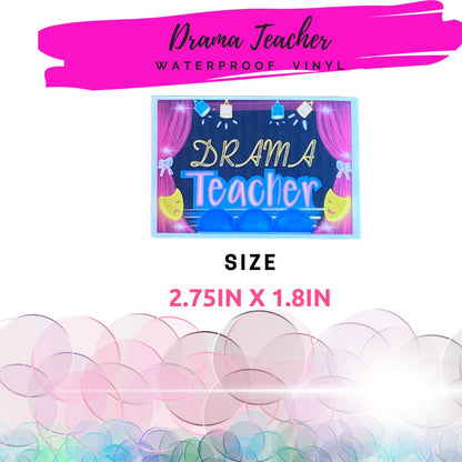 Drama teacher sticker size dimensions 2.75 x 1.8 inches.