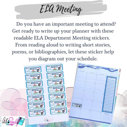 ELA Department Meeting stickers with teacher planner showing sticker in use and cute text explaining the purpose of the stickers.