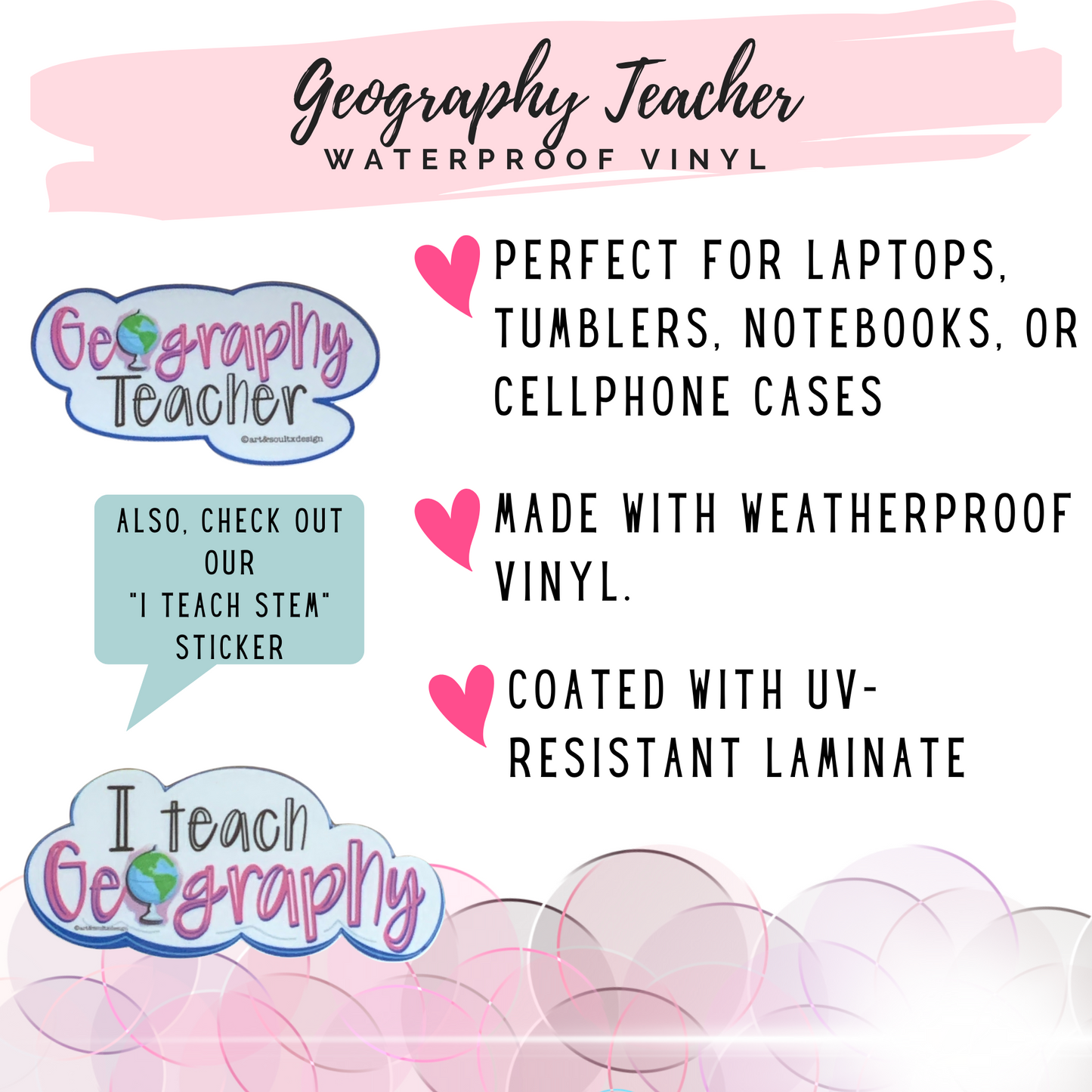 Geography Teacher sticker features: weatherproof vinyl, UV-resistant laminate, perfect for laptops and tumblers.