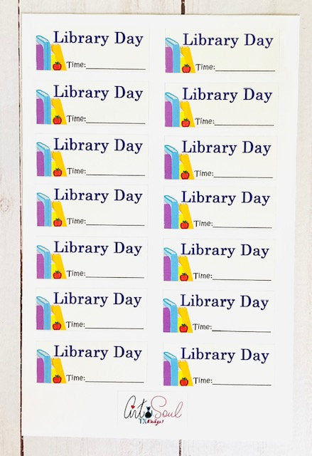 Library day planner sticker sheet on white wooden table showing colorful book designs and time-writing space feature.