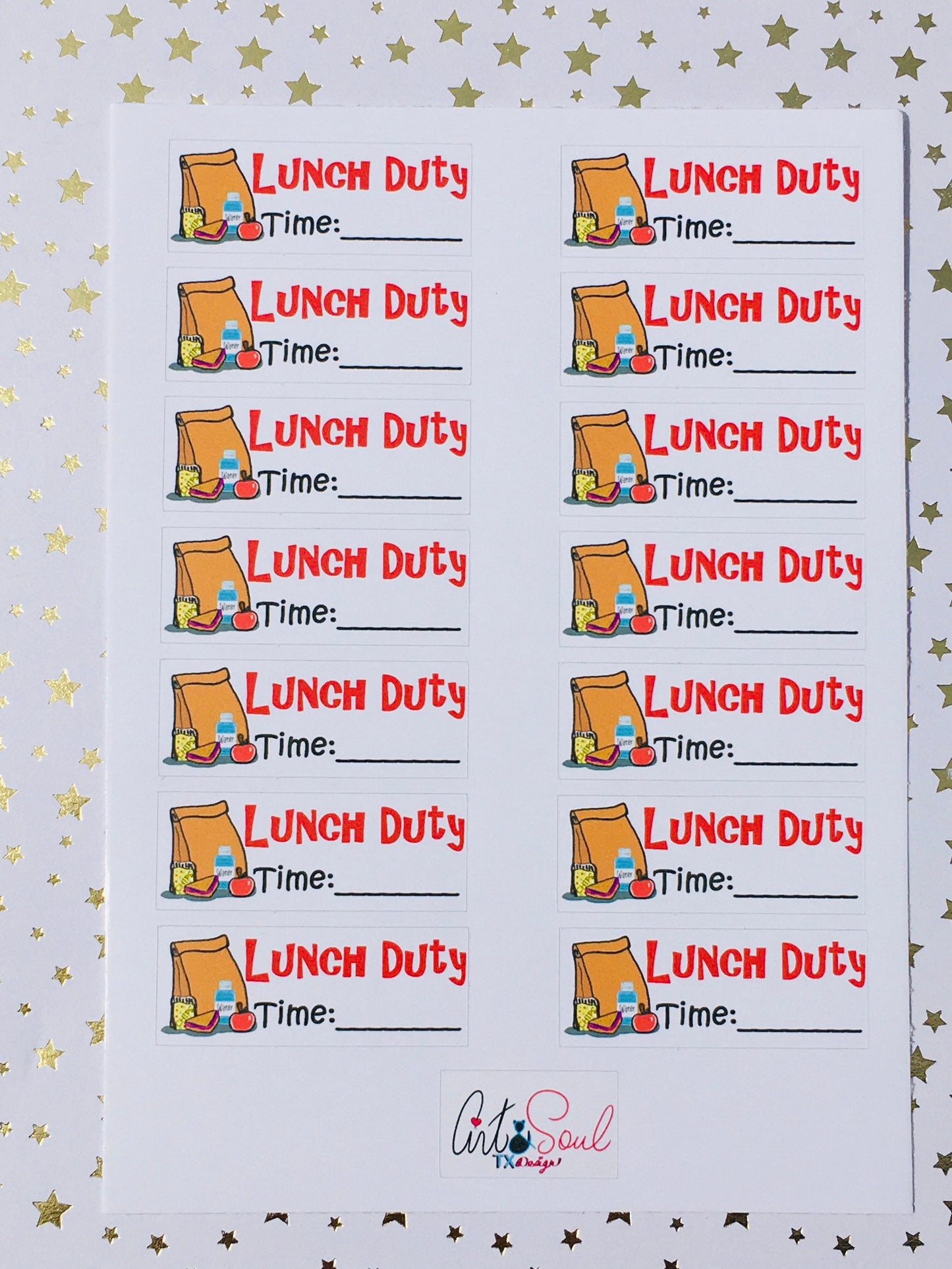 Teacher lunch duty planner stickers on gold star background with vibrant food illustration design.