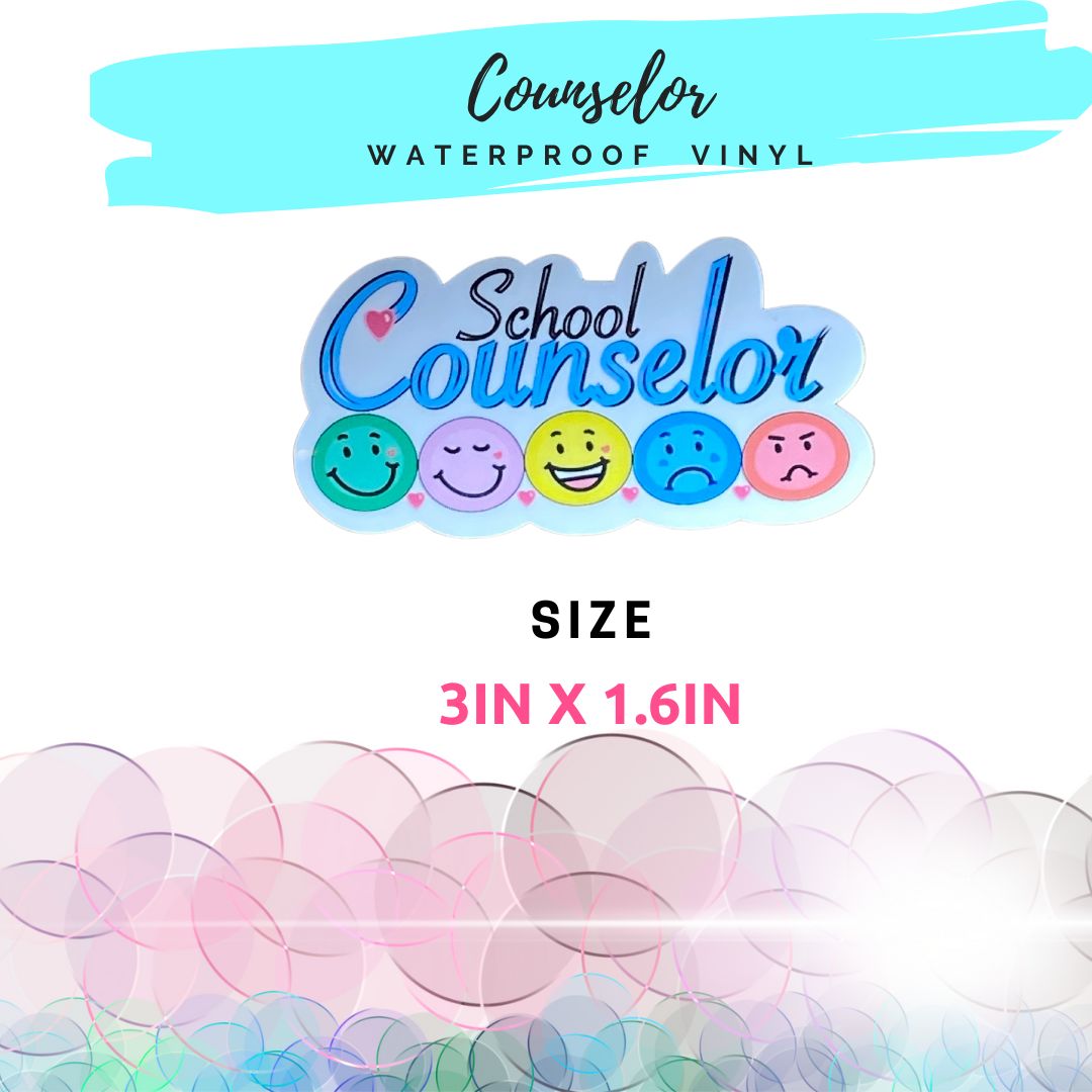 School Counselor vinyl sticker with size callout showing 3 inch by 1.6 inch dimensions.
