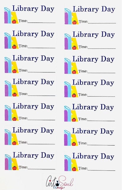 Close-up of library day teacher planner sticker sheet showing 14 colorful stickers with book illustrations.