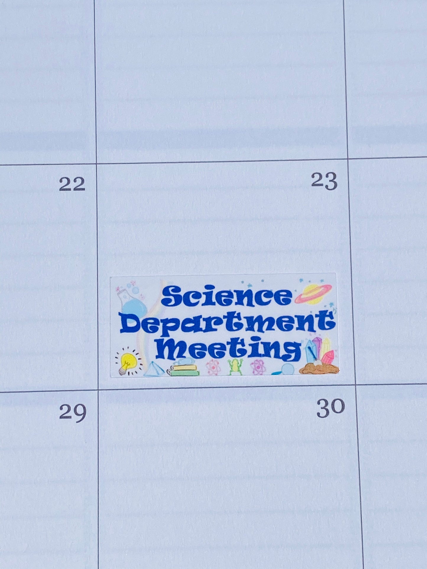 Science department meeting sticker in teacher planner showing size and placement for meeting reminders