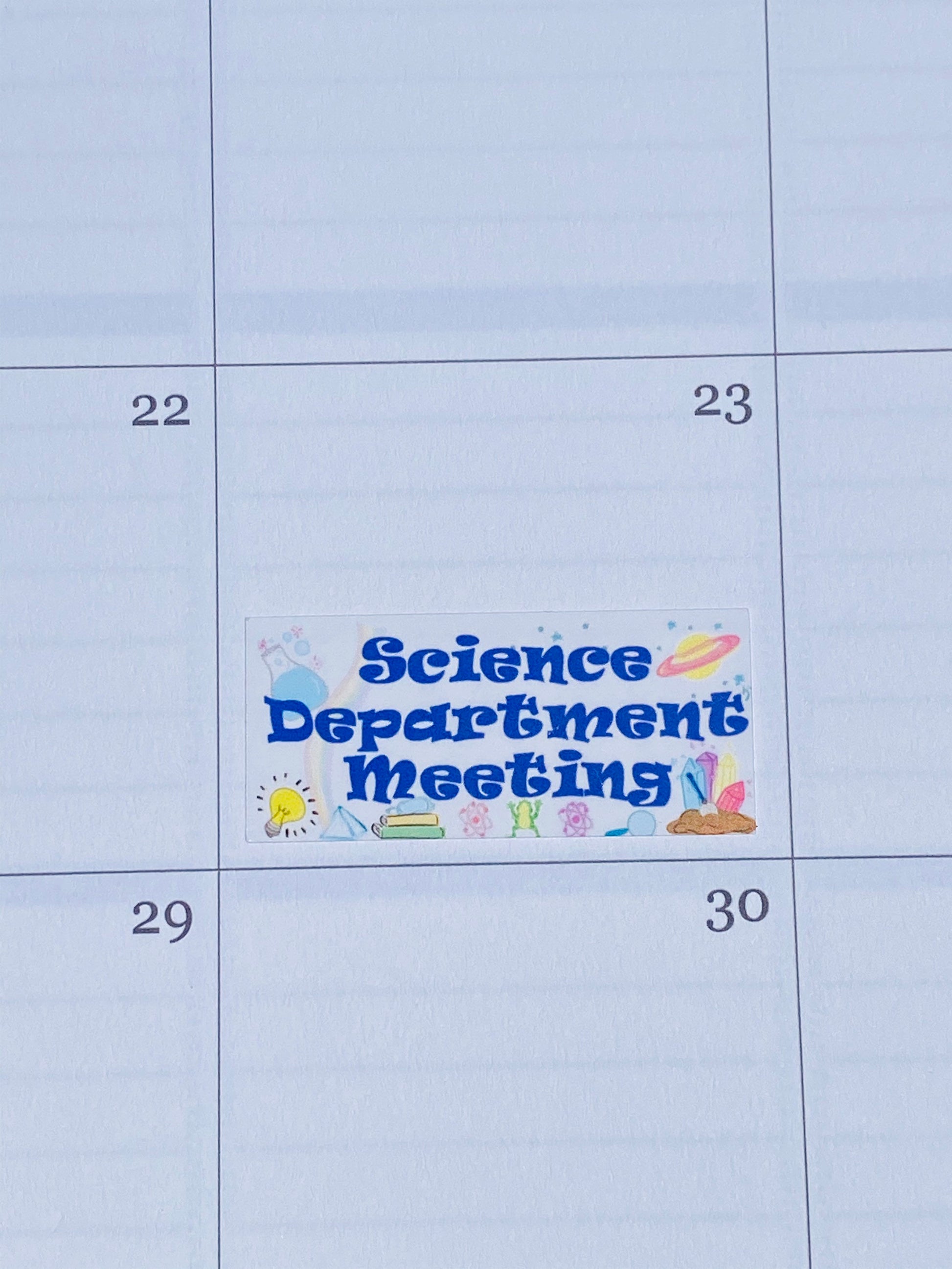 Science department meeting sticker in teacher planner showing size and placement for meeting reminders