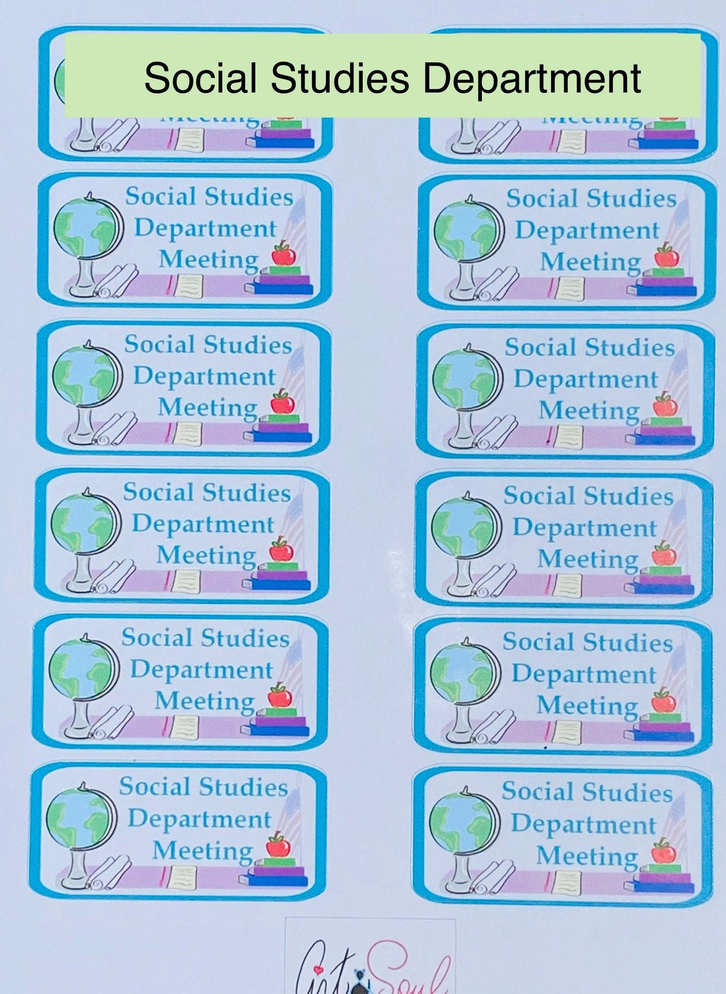 Close-up of social studies department meeting planner sticker sheet with 12 colorful stickers and educational graphic.