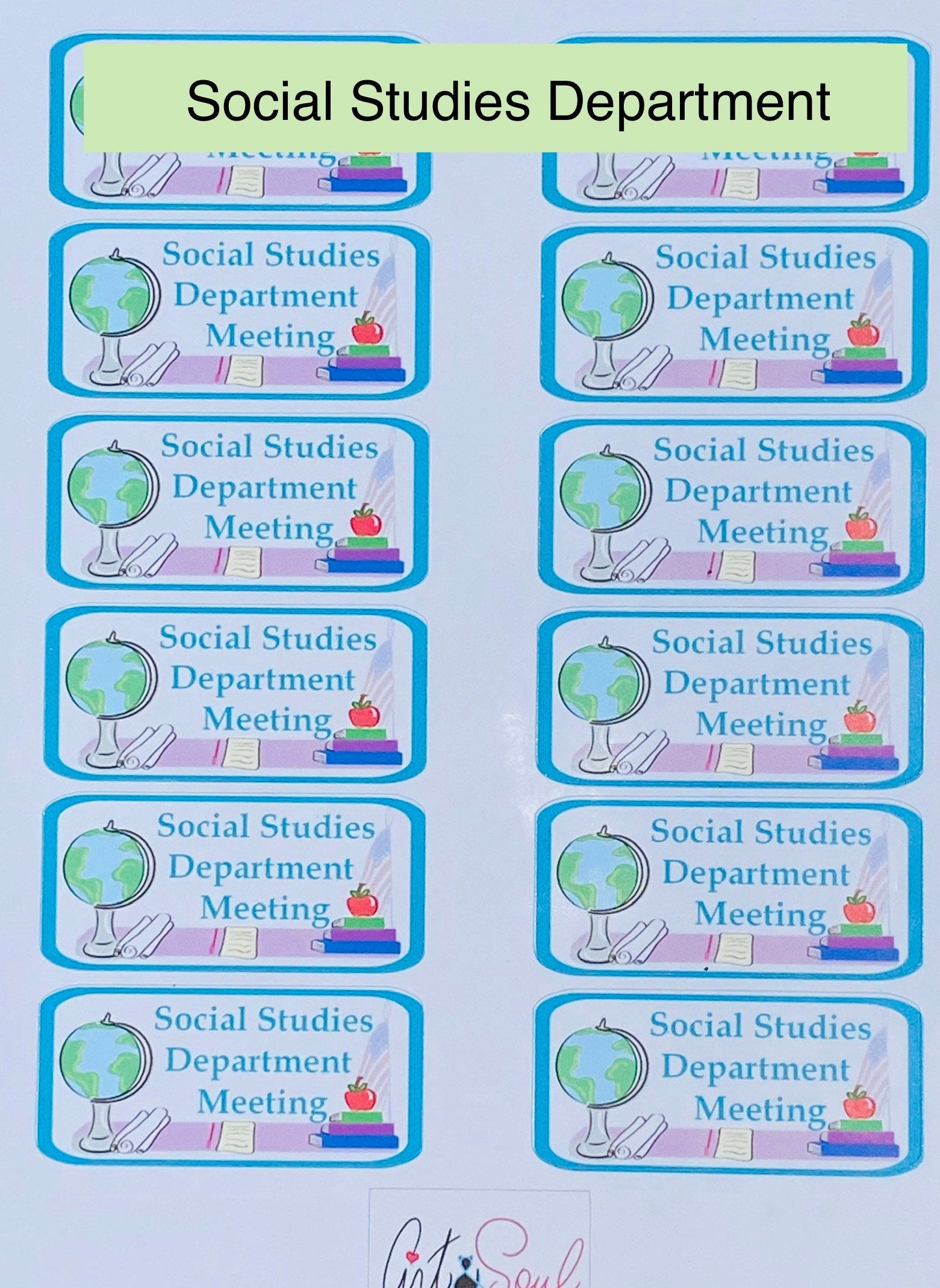 Close-up of social studies department meeting planner sticker sheet with 12 colorful stickers and educational graphic.
