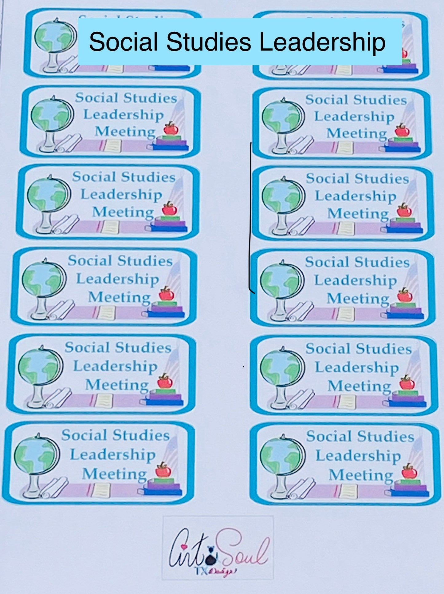 Close-up of social studies leadership meeting planner sticker sheet with 12 vibrant stickers featuring globe graphic.
