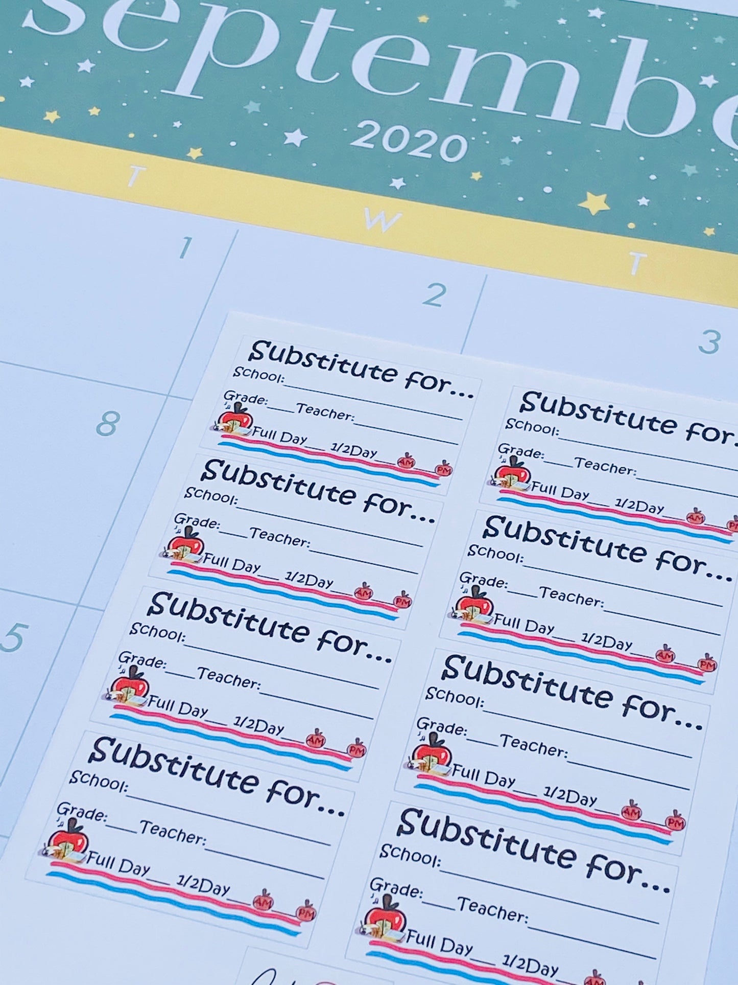 Substitute teacher sticker sheet displayed on calendar planner - classroom planning and organization for educators.
