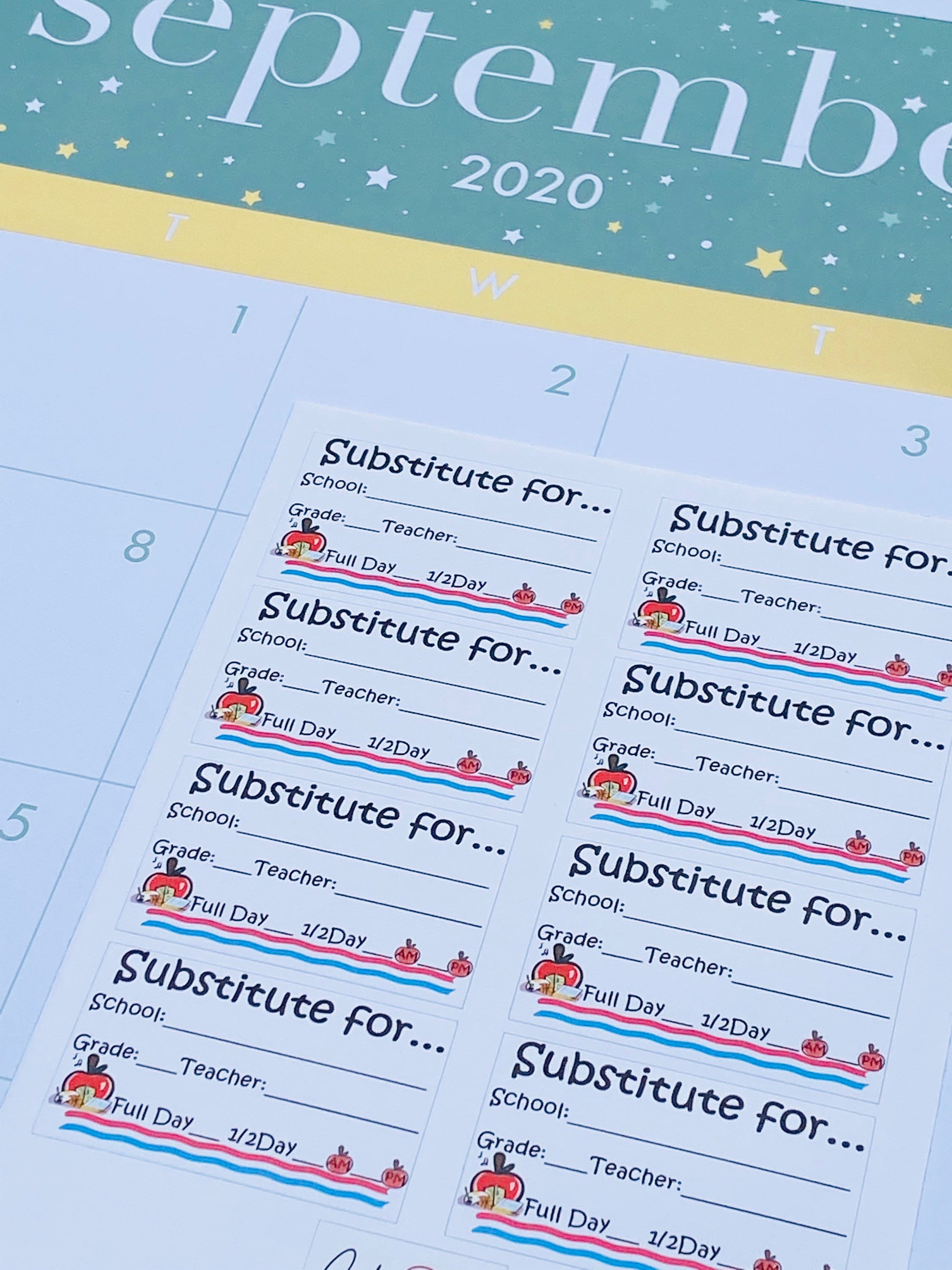 Substitute teacher sticker sheet displayed on calendar planner - classroom planning and organization for educators.
