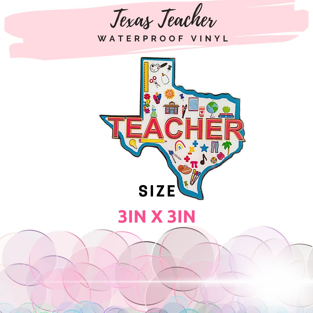 Texas Teacher vinyl sticker with size callout showing 3 inch by 3 inch dimensions.