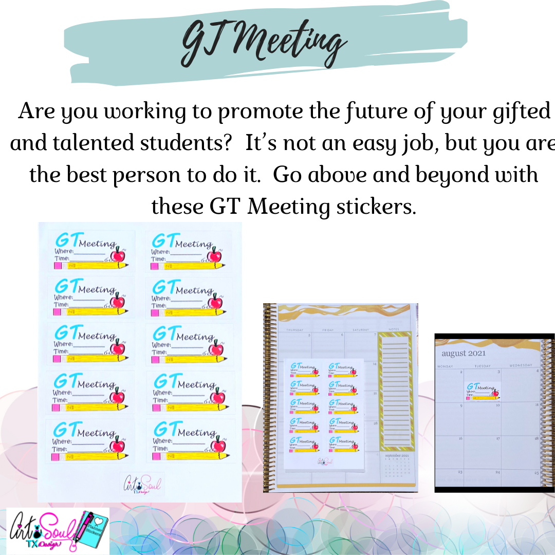 GT Meeting stickers shown in teacher planner with motivational text for gifted and talented educators - lifestyle image.